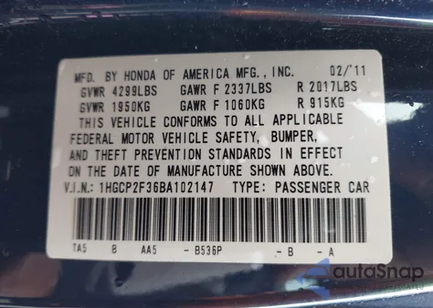 2011 Honda Accord 2.4 Lx z USA, uszkodzony, nr VIN 1HGCP2F36BA102147